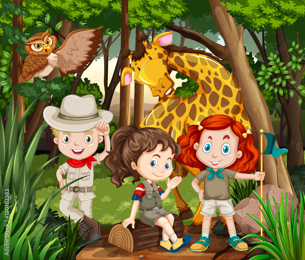 Children and wild animals in the woods