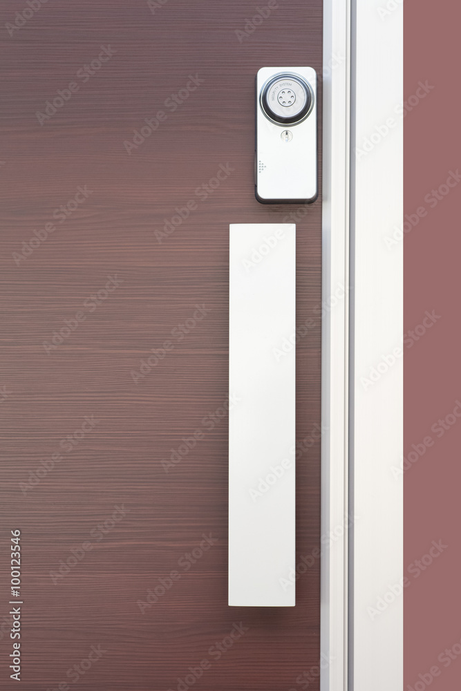 棕色木门上带安全系统锁的现代门把手