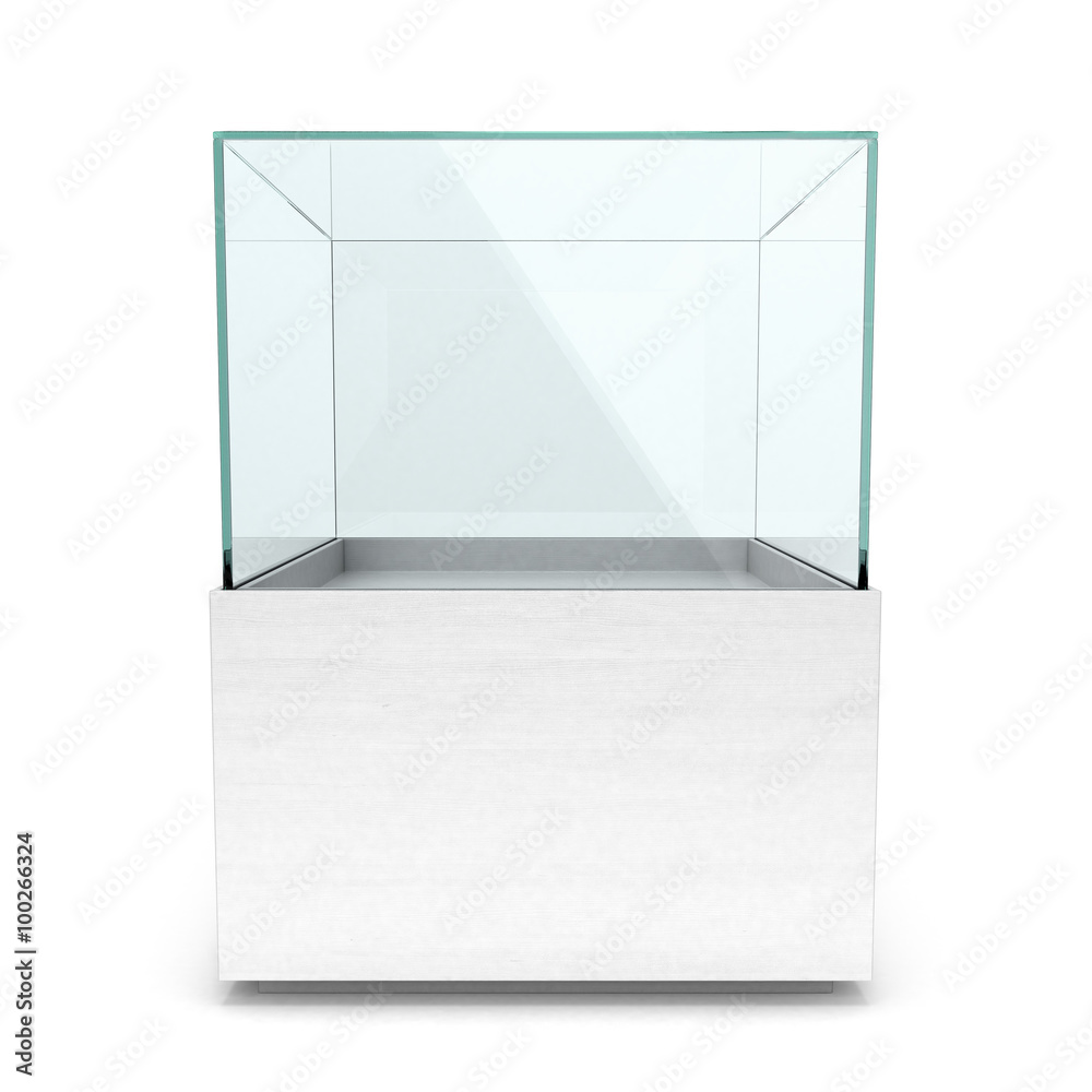 Empty white glass showcase for exhibit isolated in white backgro