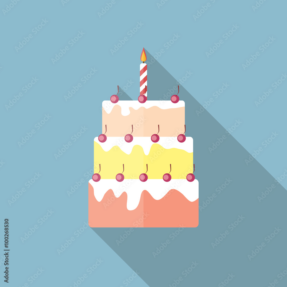 生日蛋糕扁平图标，长阴影，矢量插图
