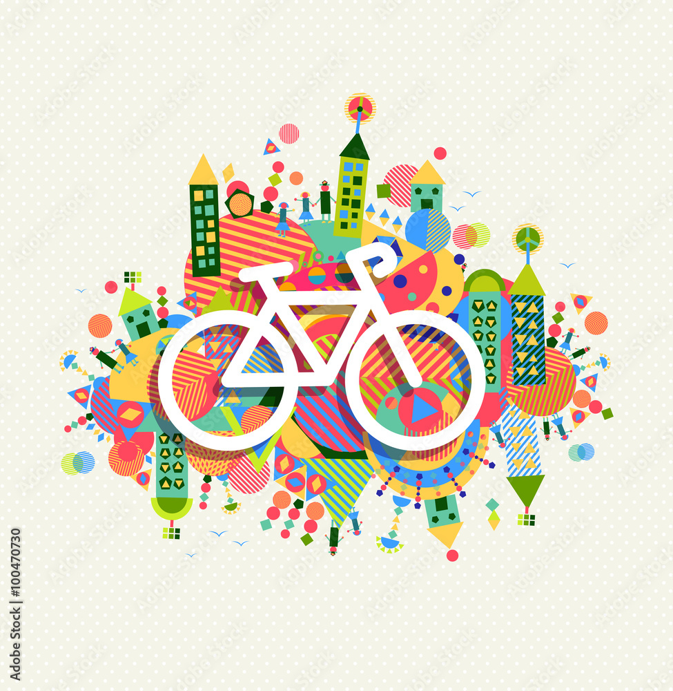 绿色环保自行车图标鲜艳色彩海报