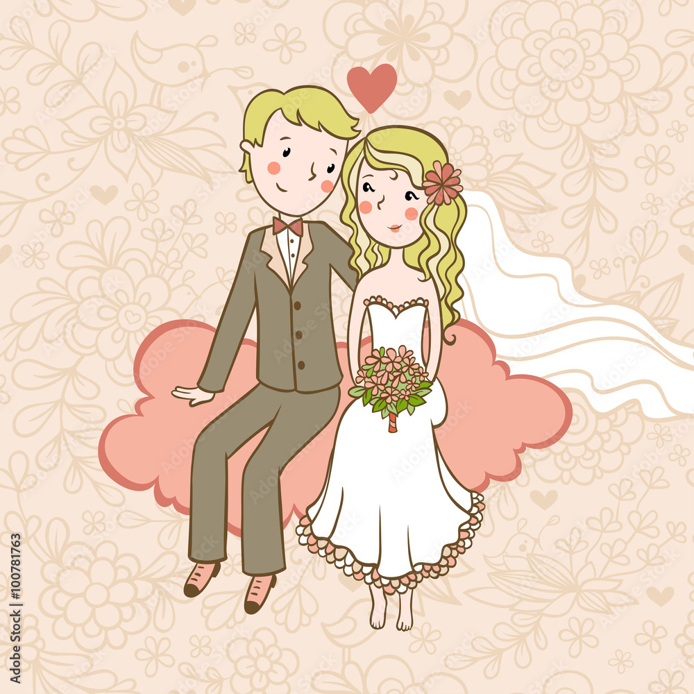 Vintage wedding background. Wedding invitation.Background with a boy and a girl sitting on a cloud.