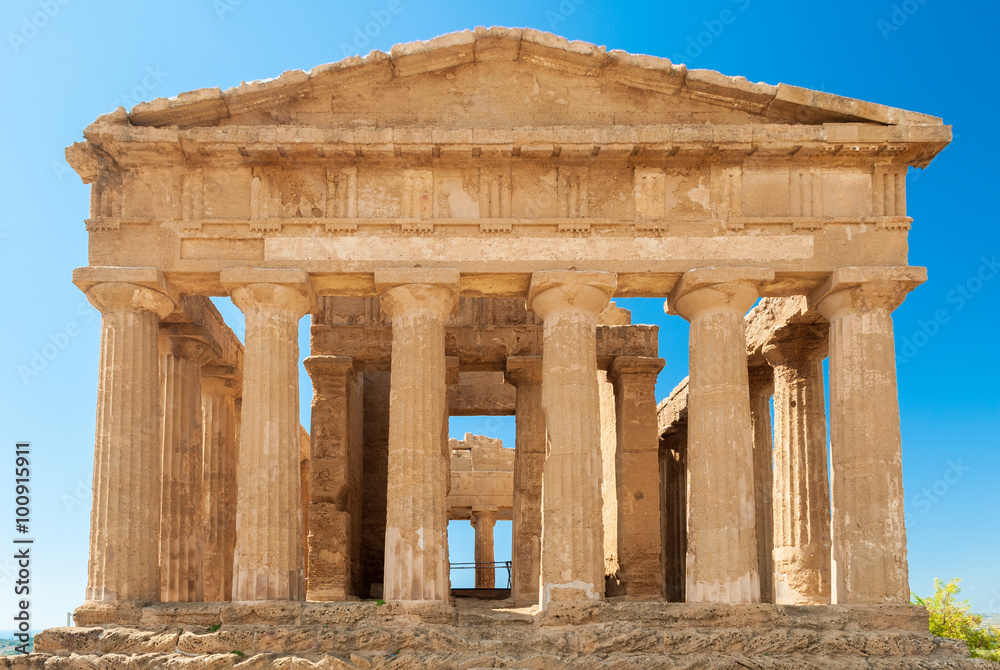 Front view of the greek temple of Concordia in the valley of the temples of Agrigento (Sicily)