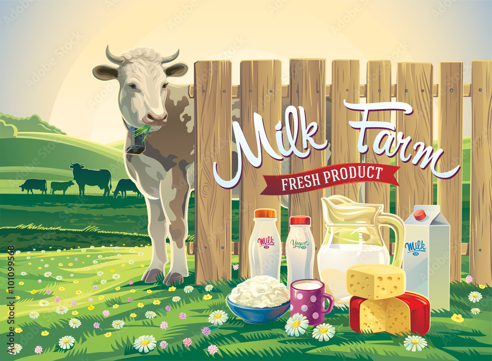 一套来自农场牛奶的奶制品，带有奶牛和乡村景观的插图。