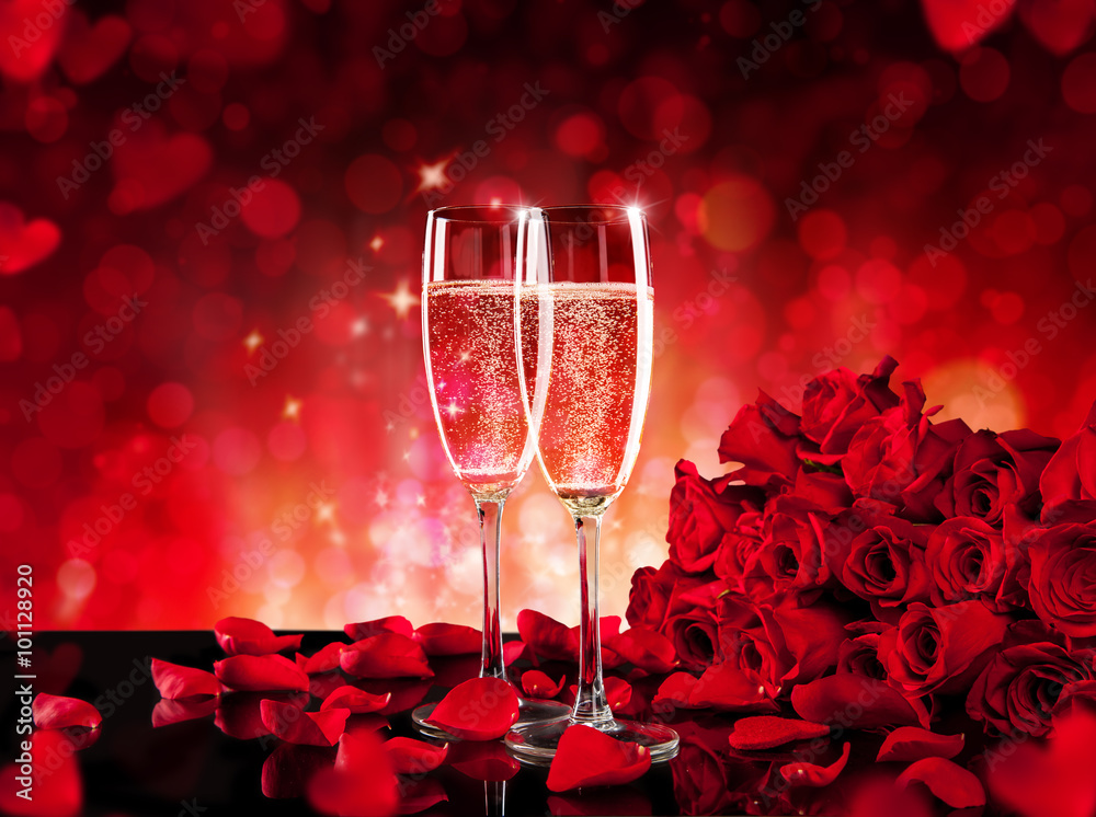 Valentines still life with champagne and roses