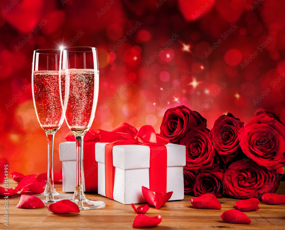 Valentines still life with champagne and roses