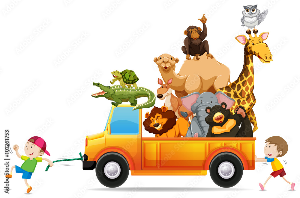 Children pulling a truck loaded with wild animals