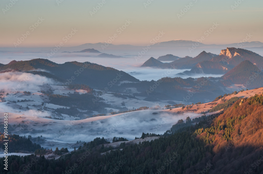 早上，波兰和斯洛伐克的皮尼尼山脉上空的薄雾