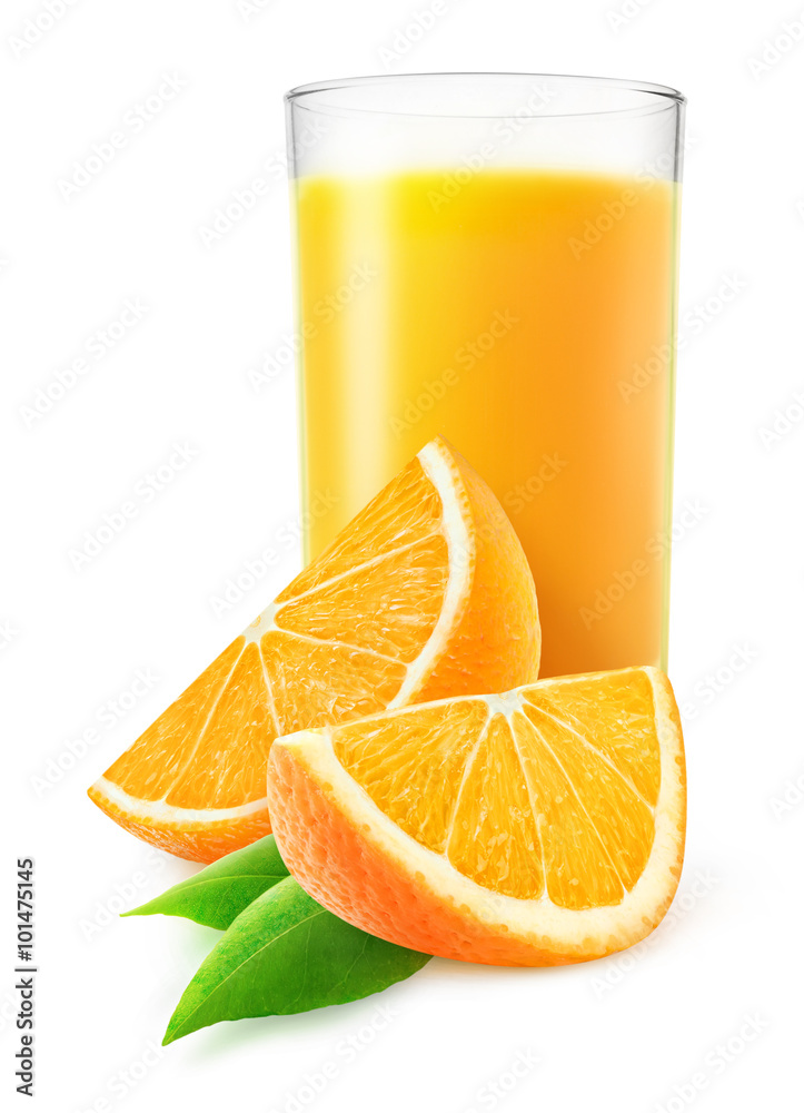 橙汁和橙色切片在白色上分离