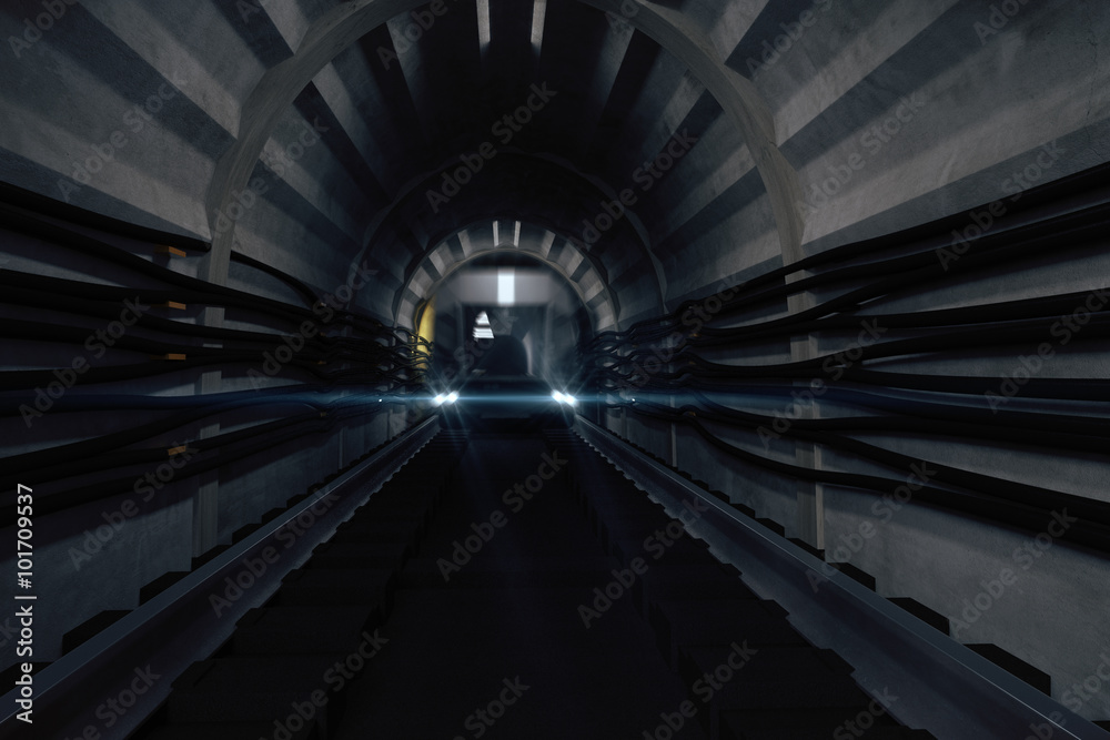 有火车的黑暗地铁隧道