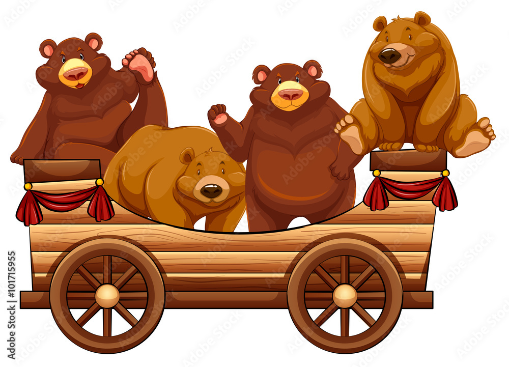四只熊站在木制马车上