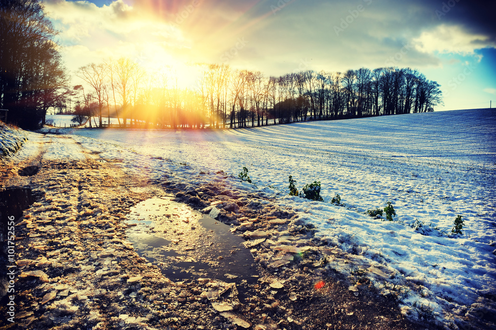 白雪覆盖的田野上壮观的日落。自然背景