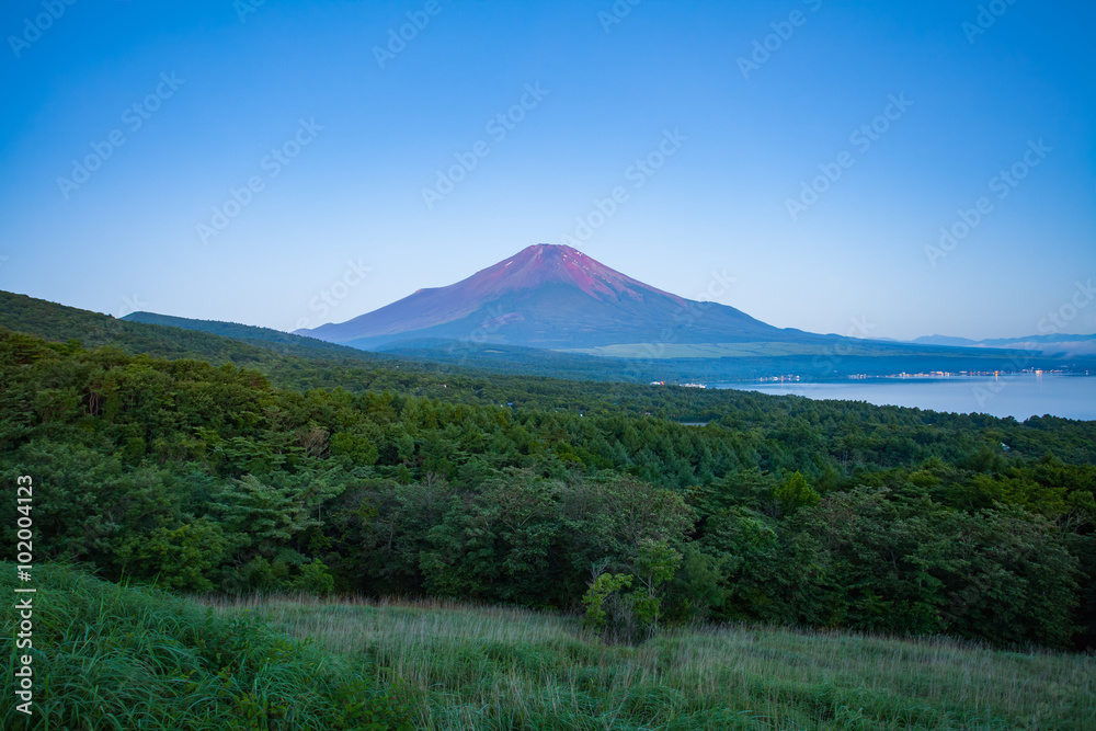 从山梨县山中湖看夏天清晨富士山顶的红色