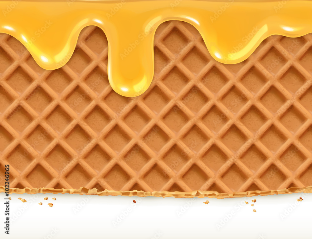Waffles and honey, horizontal seamless vector pattern