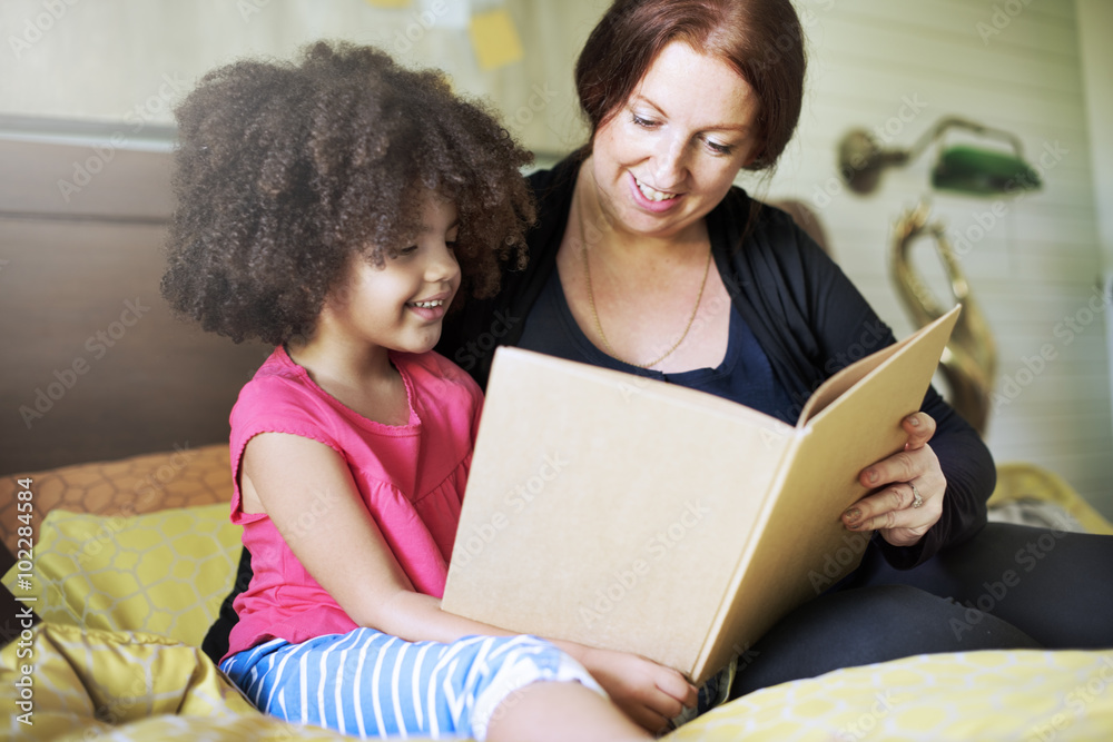 Family Children Daughter Reading Book Bedroom Concept