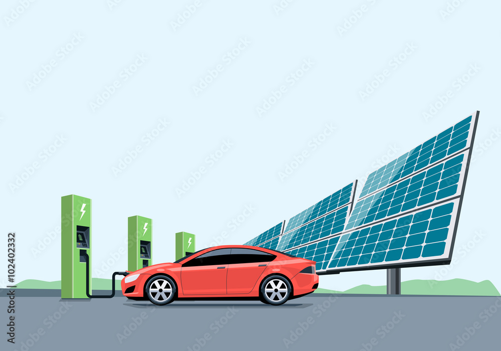 电动汽车在太阳能电池板前的充电站充电