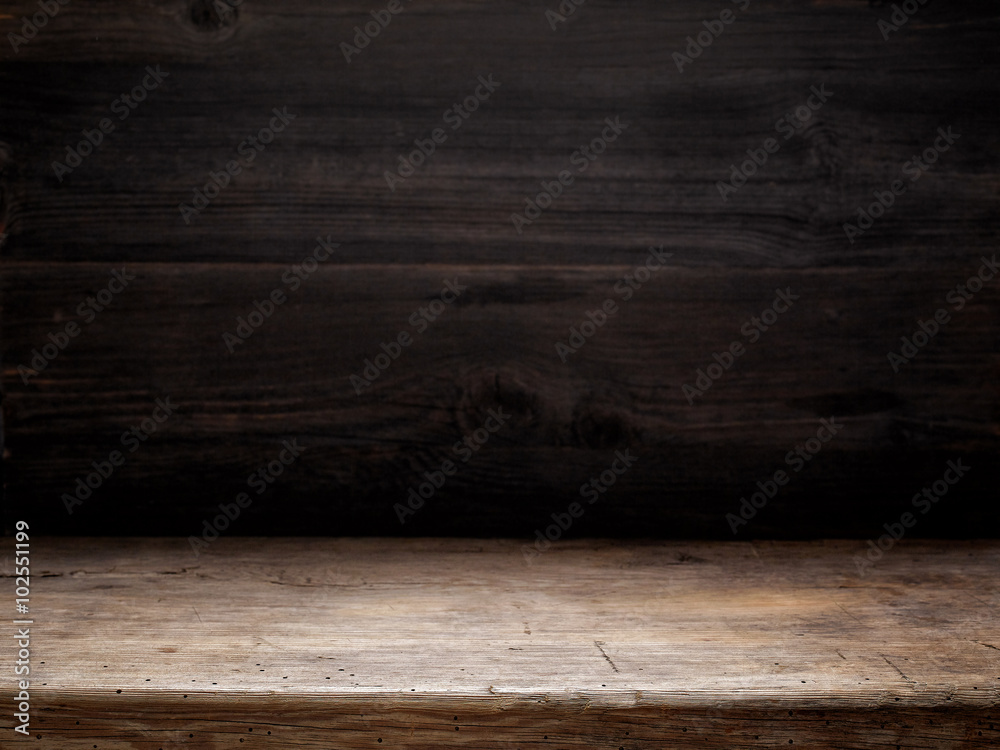 木桌和深色木墙