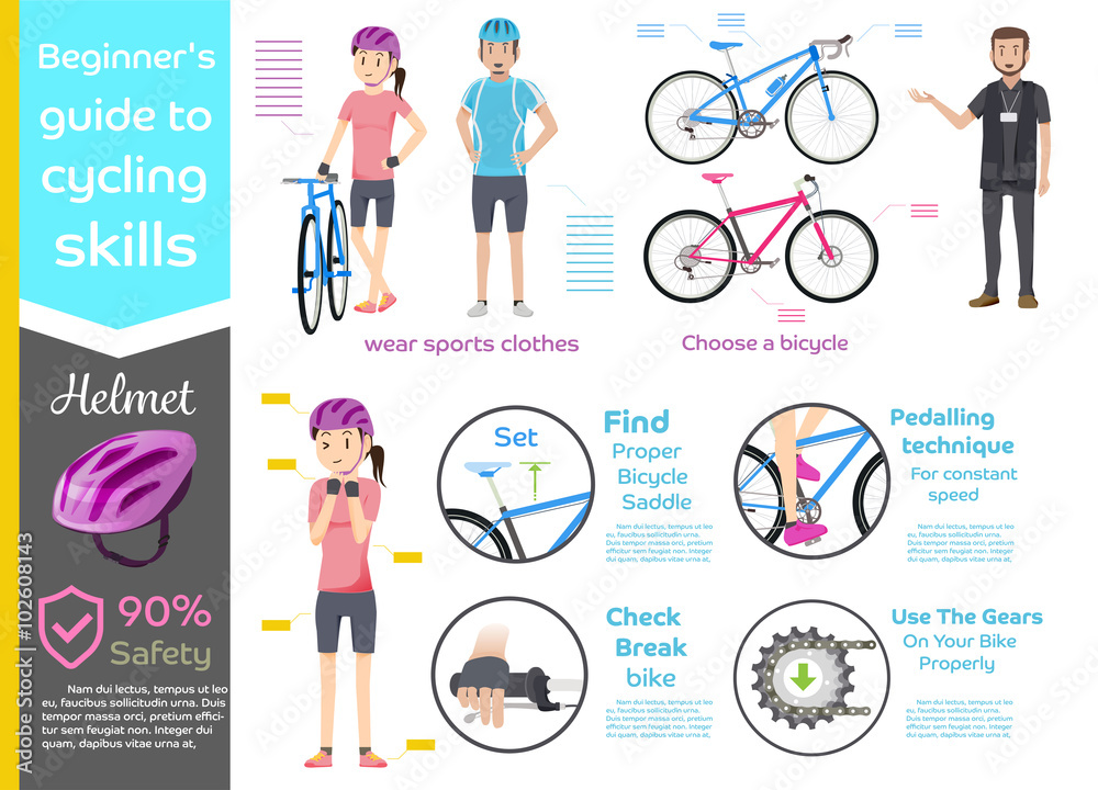 初学者基本骑行自行车信息图。骑行安全。培训介绍驾驶自行车