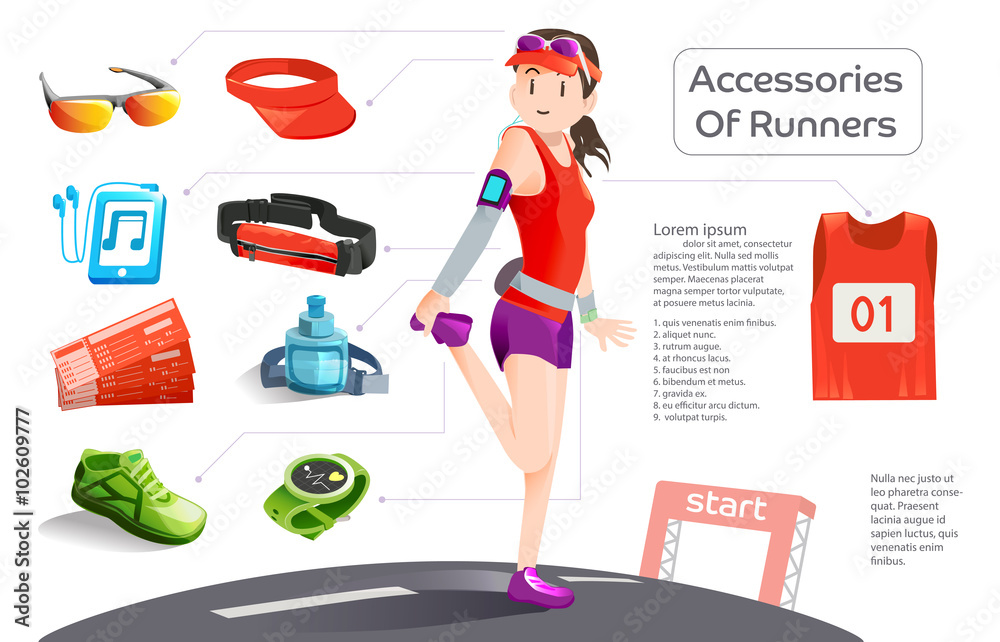 跑步挑战赛中跑步者的基本9项装备。跑步者制服。慢跑准备。切克