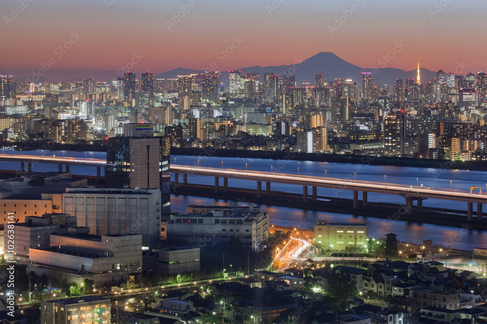 富士山和东京塔地标的东京城市景观