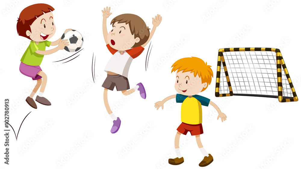 三个男孩在踢足球