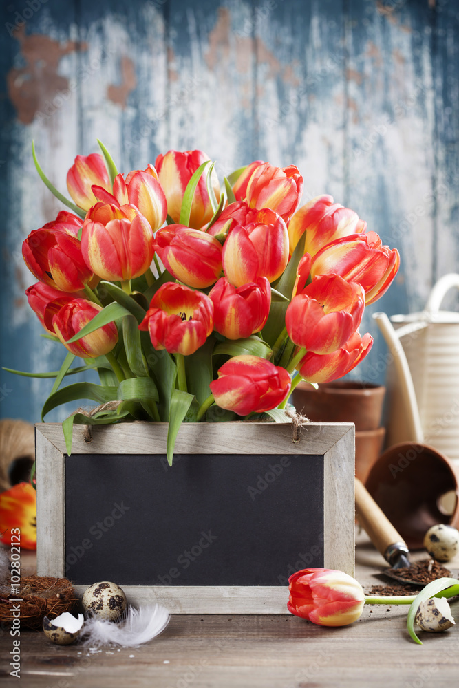 Beautiful tulips bouquet, easter eggs  and garden tools on woode