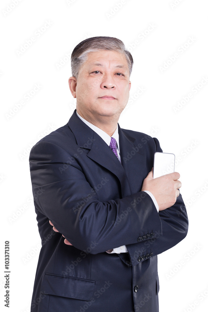 pose and gesture of old Asian businessman in suit with cellphone