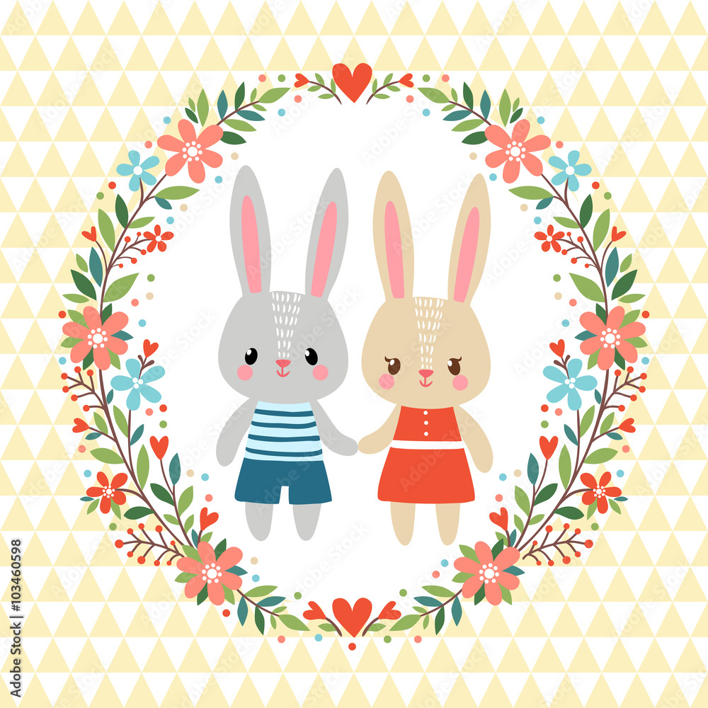 花框中兔子的矢量插图。花框中有两只兔子的贺卡