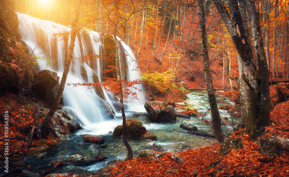 日落时红叶和桔黄色的彩色秋林中山河上的美丽瀑布