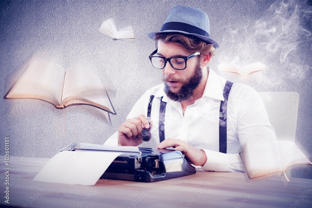 Composite image of hipster holding smoking pipe while working
