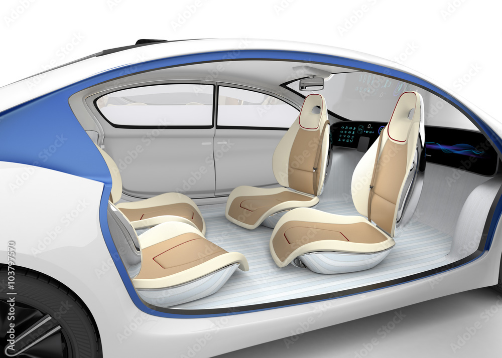 Autonomous cars interior concept. The car offer folding steering wheel, rotatable passenger seat.
