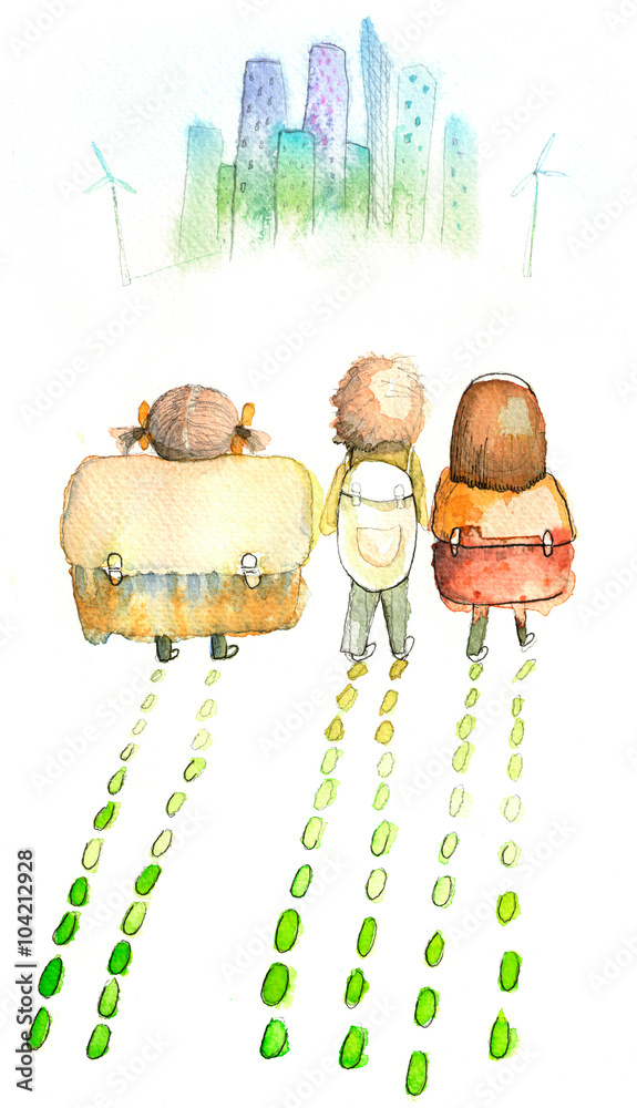 三个绿色孩子的手绘水彩插图