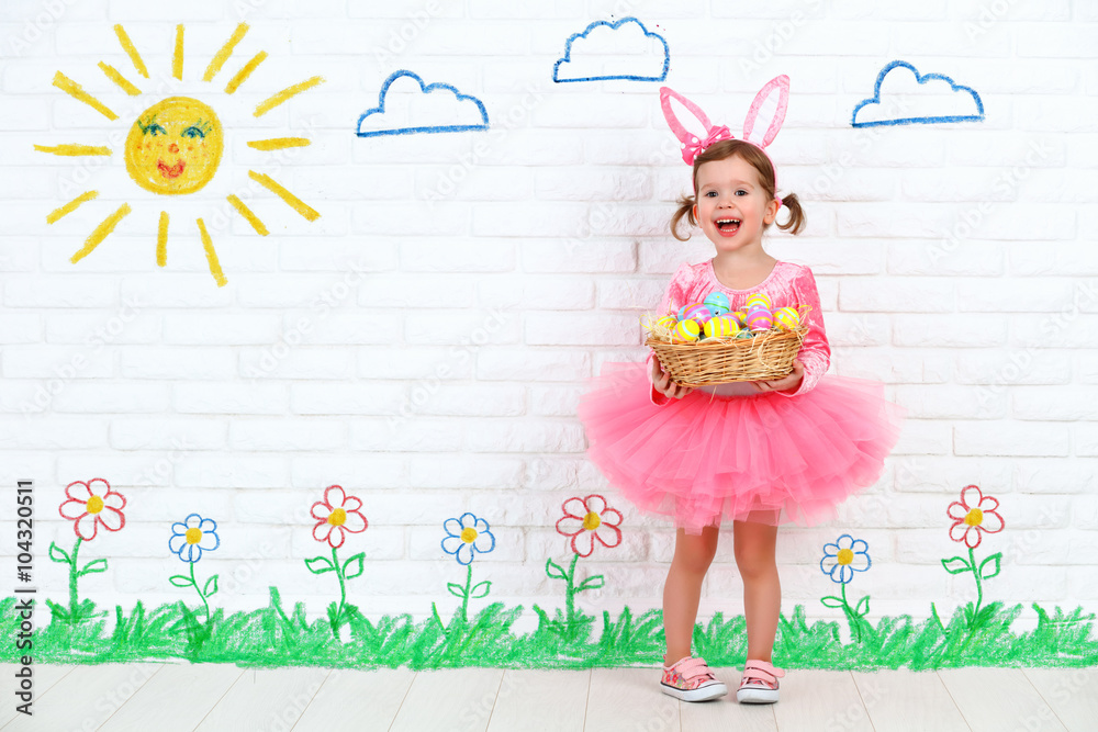 concept easter. Happy girl in costume bunny rabbit with basket o