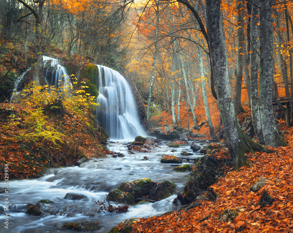 Beautiful waterfall at mountain river in colorful autumn forest with red and orange leaves at sunset