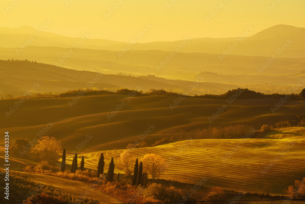 意大利托斯卡纳日出时起伏的田野。自然的户外季节性秋季背景。