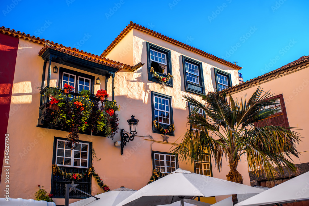 位于南部拉帕尔马岛上的Santa Cruz de La Palma老城区，带美丽阳台和鲜花的房子
