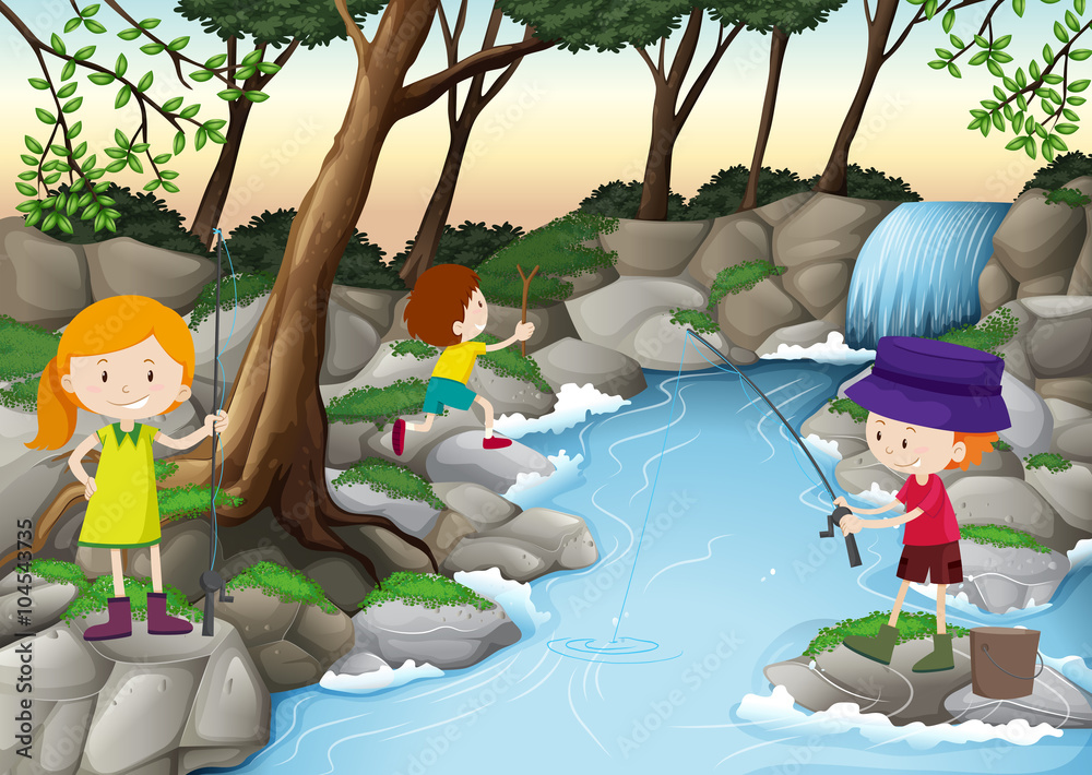 孩子们在河里钓鱼