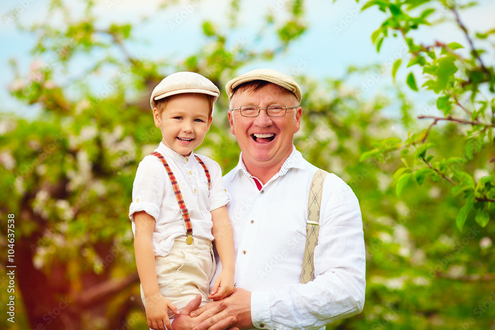 快乐的爷爷和孙子在春天的苹果园玩得很开心