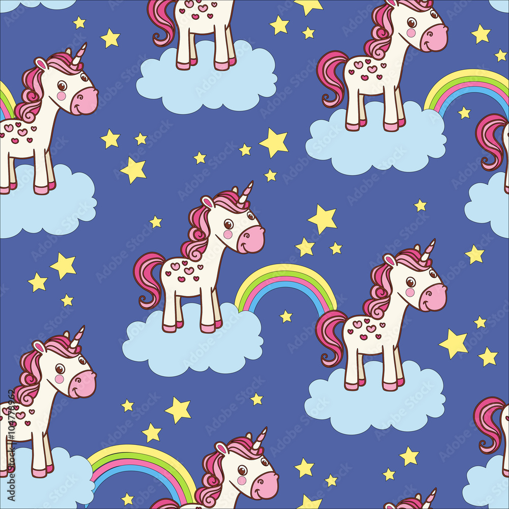 Cute seamless pattern with unicorn. Vector childish background can be used for wallpapers, pattern f