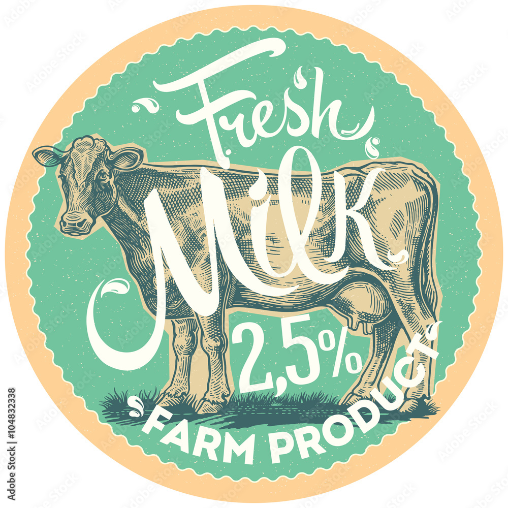 图形奶牛以雕刻的风格描绘。标签设计元素。