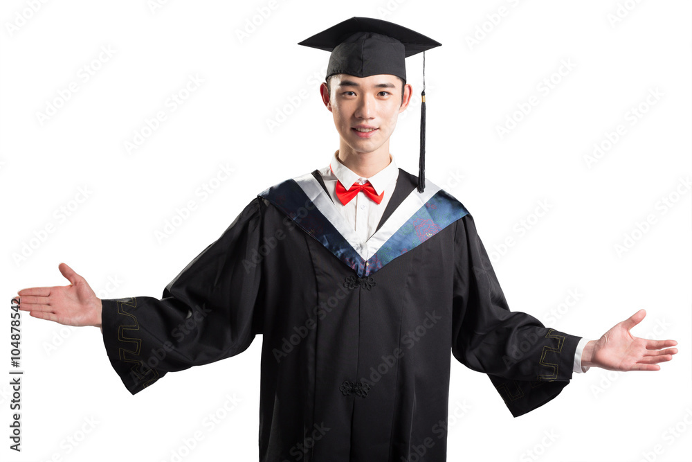isolated asian young man with education gown