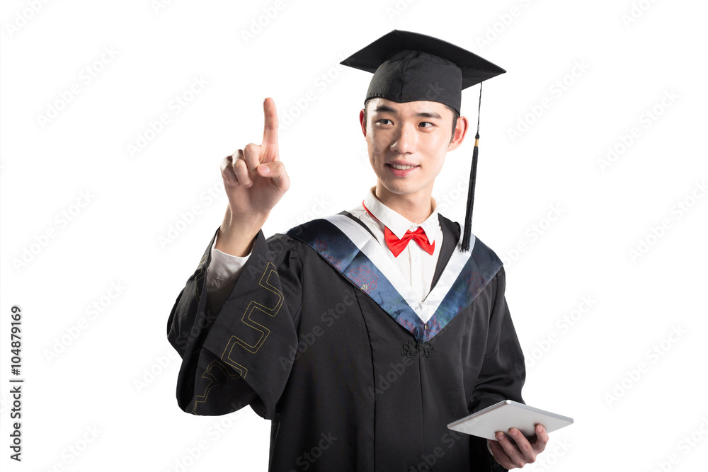 isolated asian young man with education gown