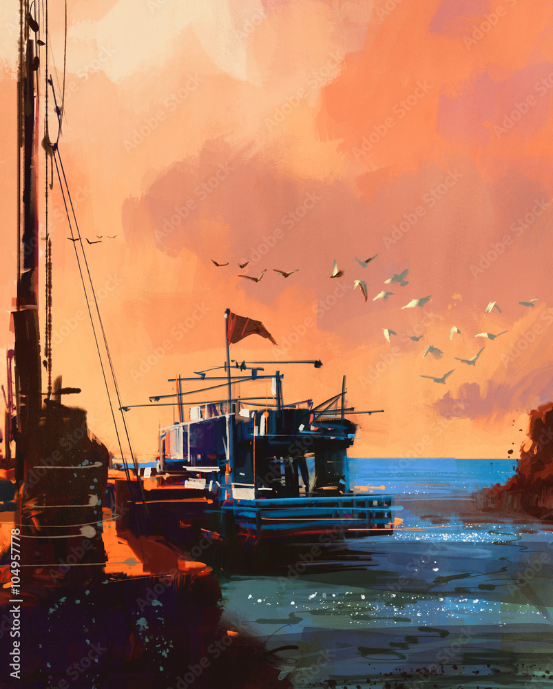 日落时港口渔船的涂装