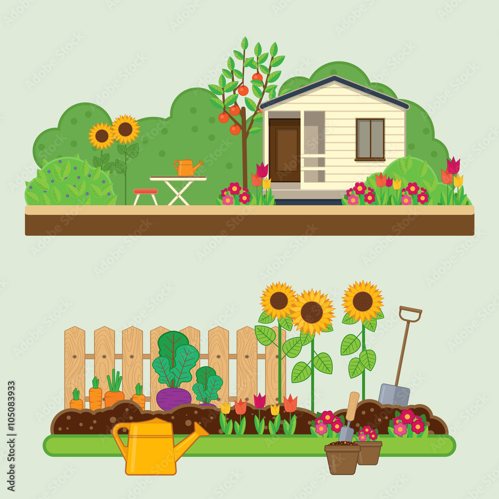 园艺套装。带有乡村景观、花卉、花园、小屋和园艺工具的矢量插图