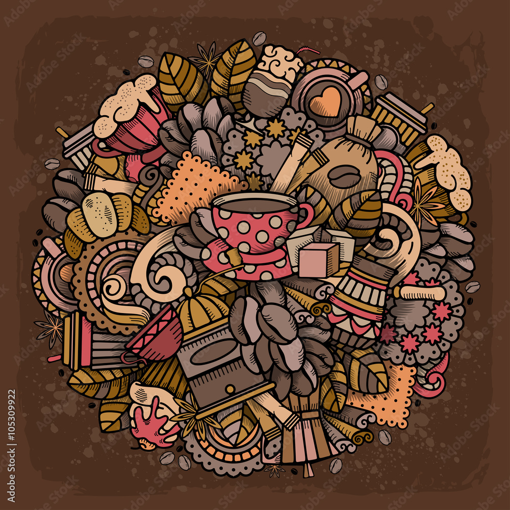 咖啡主题的轮廓手绘涂鸦风格的咖啡圆形设计。所有e