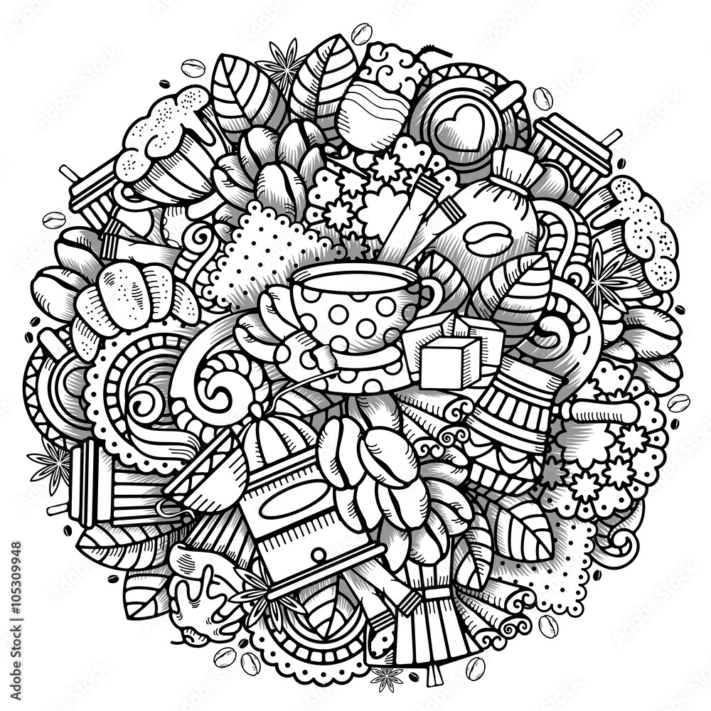轮廓手绘涂鸦风格的咖啡圆形设计，带有咖啡主题的物品。所有元素都是ar