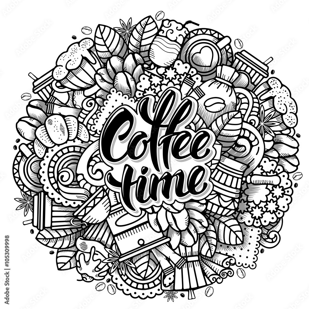 咖啡主题的轮廓手绘涂鸦风格的咖啡圆形设计。所有e