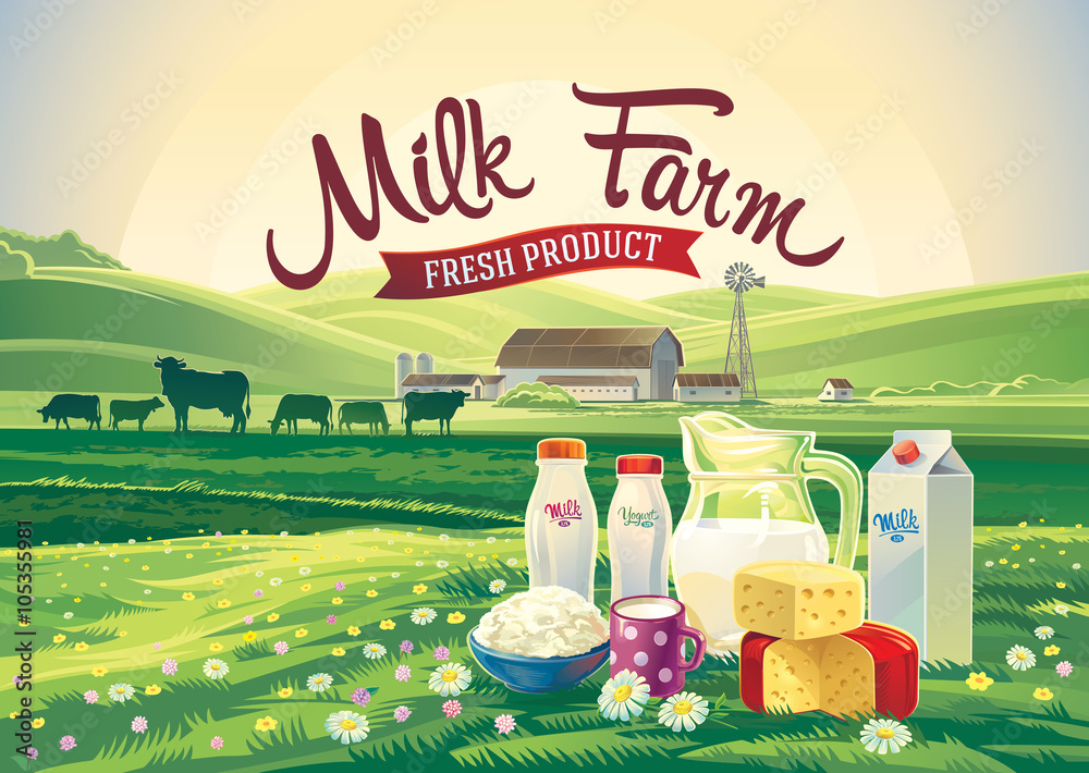 农村景观，农场牛奶和奶牛的乳制品。