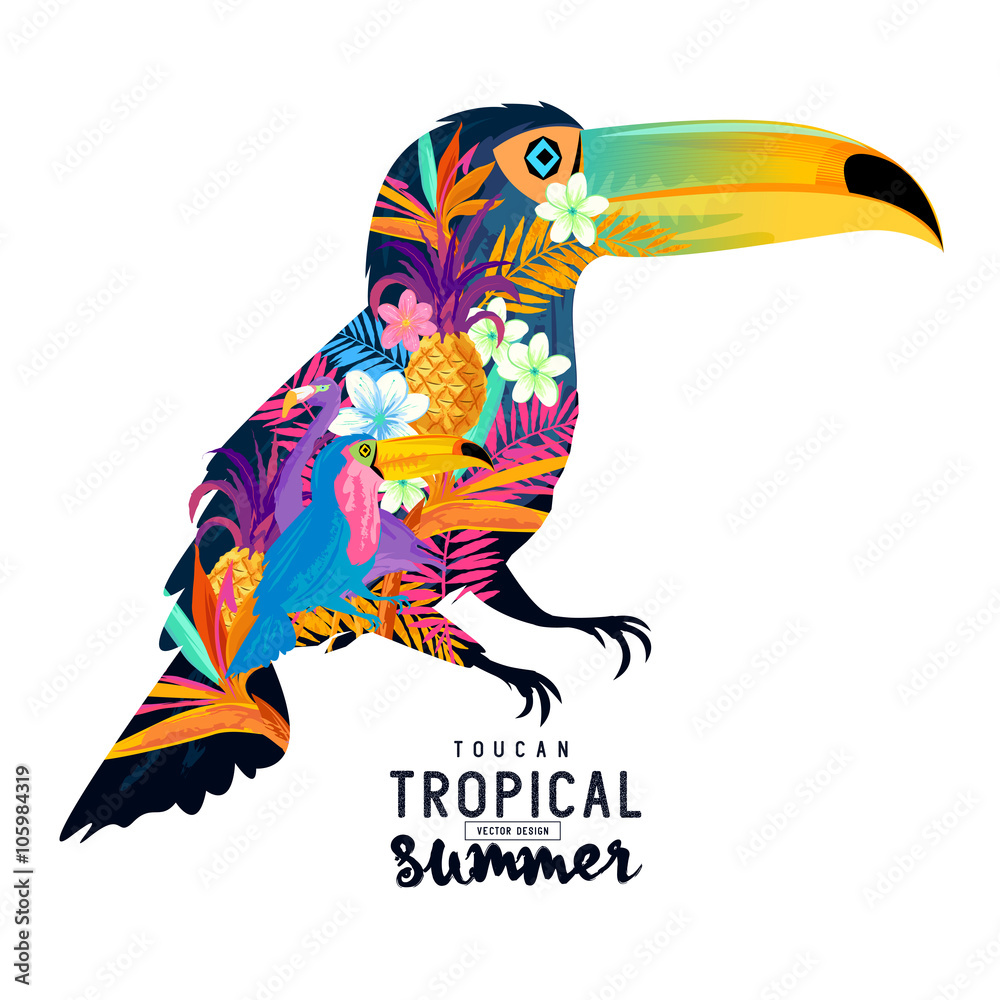 热带夏季Toucan。具有各种热带元素的抽象Toucan鸟。
