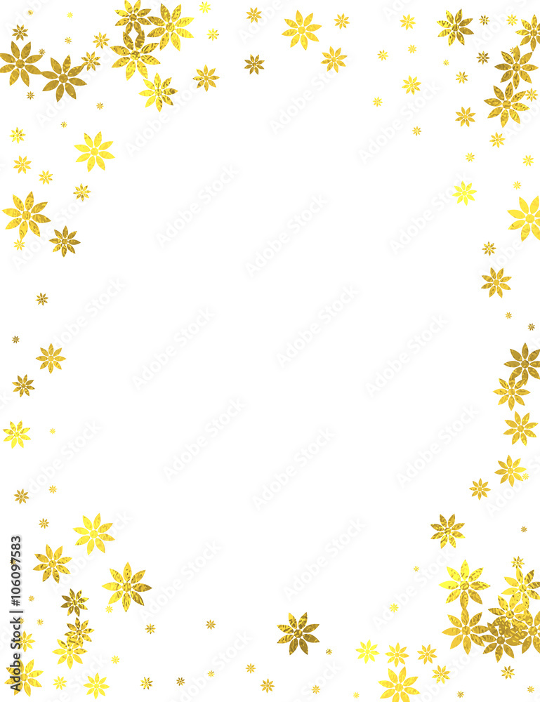 Gold glittering decoration frame with golden foil flowers isolated on white background, vector desig